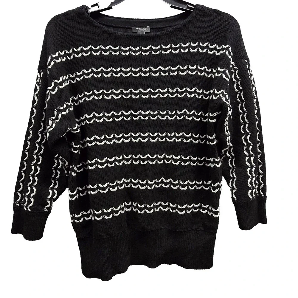 Ann Taylor Women Small Sweater 100% Cotton Black White Knit Pullover Cozy Casual